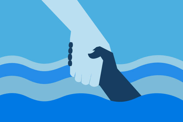 ilustraciones, imágenes clip art, dibujos animados e iconos de stock de la mano ayuda a una mano ahogada del agua - relief