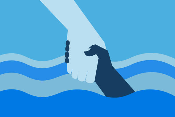 рука помогает тонущей руке из воды - исцеление stock illustrations