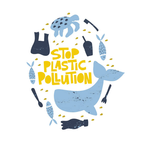 ilustrações de stock, clip art, desenhos animados e ícones de stop plastic pollution word concept banner - save oceans