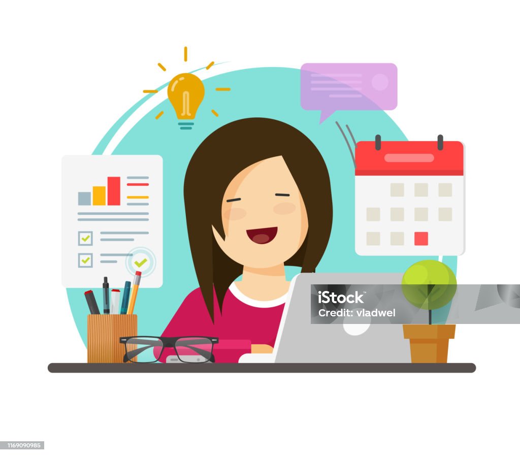 Multitasking Business Woman Person Working Hard But Happy On Office Table  Desk Vector Flat Cartoon Girl Sitting Smiling On Workplace Doing Audit Or  Research Tasks Time Management Idea Stock Illustration - Download