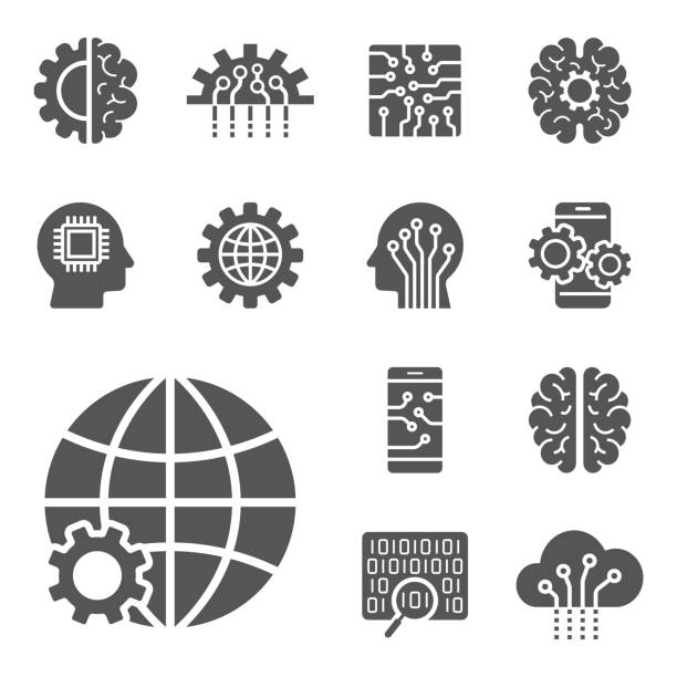 ilustrações de stock, clip art, desenhos animados e ícones de ai and iot icons set. symbols in flat outline design. eps10. - synapse human nervous system brain cell