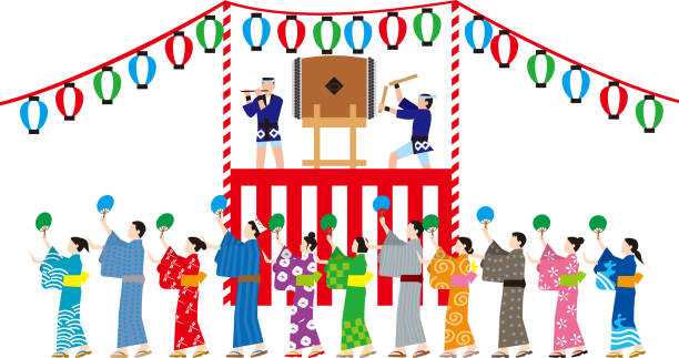 ilustraciones, imágenes clip art, dibujos animados e iconos de stock de baile de bon. evento tradicional japonés. material vectorial - taiko drum