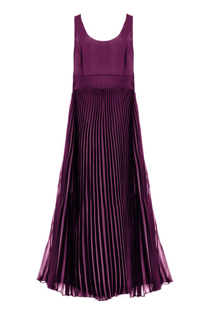 A pretty blonde girl wearing a purple dress isolated on white