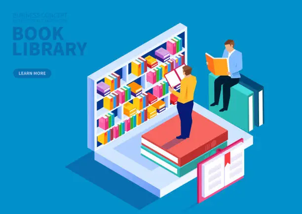 Vector illustration of Online bookshelf, online education courses, online training courses