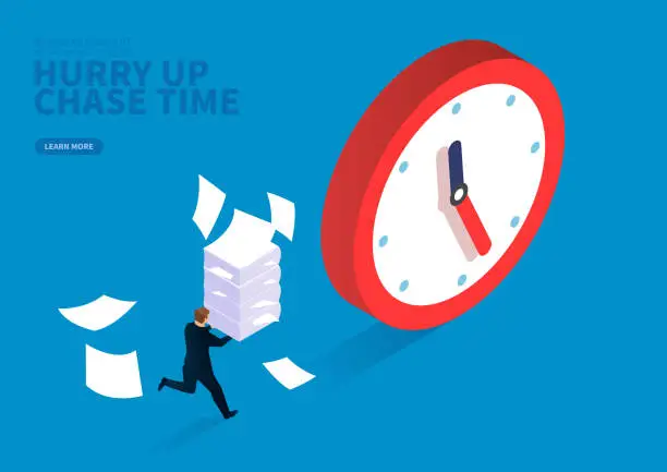 Vector illustration of Busy, time urgency, businessman holding a pile of files chasing rolling clock