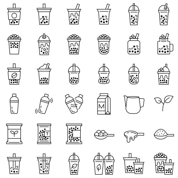 ilustrações, clipart, desenhos animados e ícones de chá da bolha ou pérola leite chá linha conjunto de ícones - table spoon
