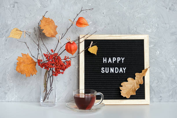 happy sunday text auf schwarzem brief tafel und strauß von zweigen mit gelben blättern auf wäscheklammern in vase und tasse tee auf tisch vorlage für postkarte, grußkarte konzept hallo herbst sonntag - today blackboard text letter stock-fotos und bilder