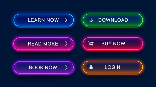 Trendy neon buttons for web design. Trendy, glowing, neon buttons for web design. Bright, abstract, vector, neon buttons isolated on dark background. Ready design for use in web direction. push button stock illustrations
