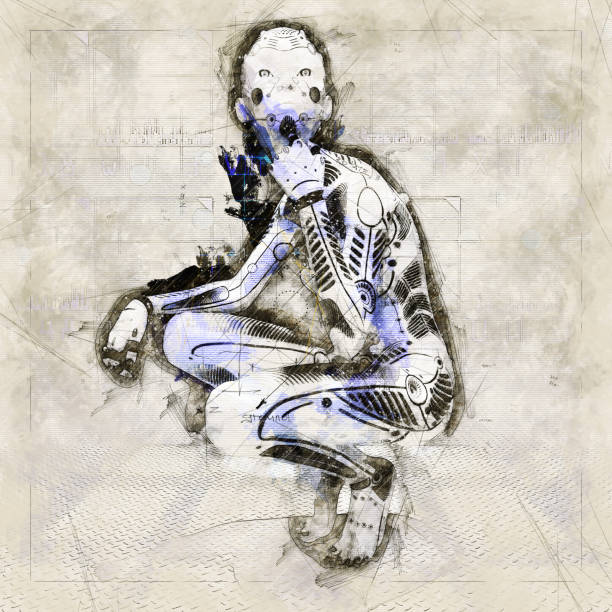 Digital artistic Sketch, based on a self-created 3D Illustration of a female Cyborg, Model-Release or Property Release not required.