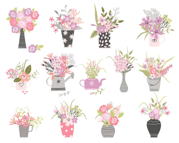 set von sommer cartoon blumen in n töpfe und vase - blumenvase stock-grafiken, -clipart, -cartoons und -symbole