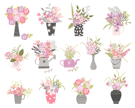 Set of summer cartoon flowers in pots and vase. Garden plants hand draw illustration set. Home decoration color design elements. `Flat isolated vector items