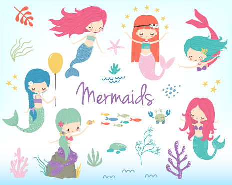 Cute little cartoon mermaids clipart. Vector illustration. Marine nautical life childish cartoon character set
