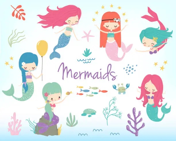 Vector illustration of Cute little cartoon mermaids clip art. Vector illustration