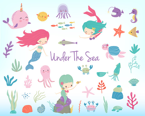 Mermaids, sea animals and sea plants. Marine nautical life childish cartoon character set. Vector illustration for kids