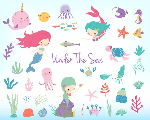 Vector illustration of Mermaids, sea animals and sea plants
