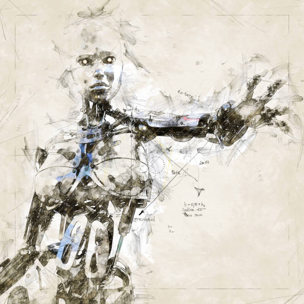 Digital artistic Sketch, based on a self-created 3D Illustration of a female Cyborg, Model-Release or Property Release not required.