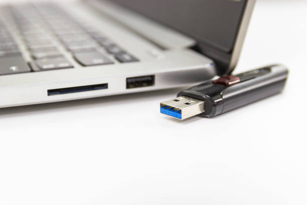 istock flash drive with laptop computer for conncet to USB port plug-in Laptop 1169101389