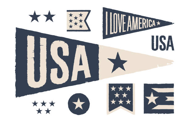установите символы сша. винтажный ретро графический флаг, вымпел - patriotism usa flag jewelry stock illustrations