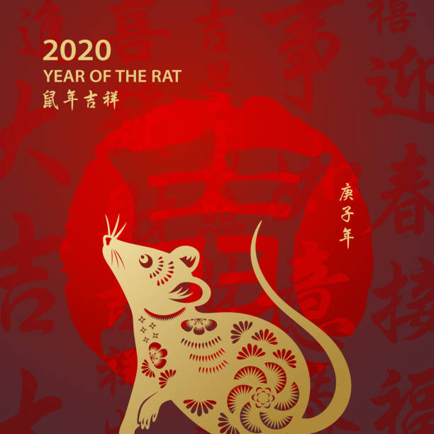 Golden Year of the Rat Celebrate the Year of the Rat 2020 with gold colored rat paper art and red stamp on the red Chinese language background, the red stamp means rat, the horizontal Chinese phrase means wish you luck in the year of the rat and the vertical Chinese phrase means Year of the Rat according to Chinese calendar Ink and Brush stock illustrations