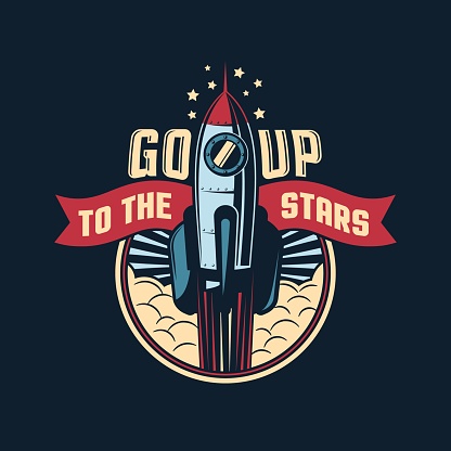 The rocket launches into space badge emblem in retro style. vector illustration