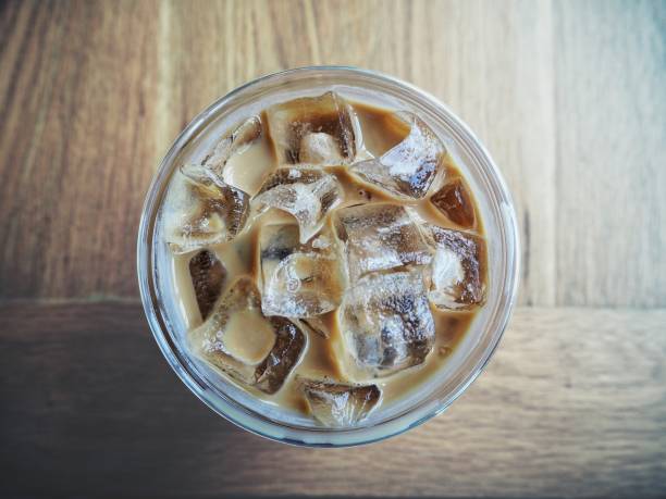 Iced coffee on wood background
