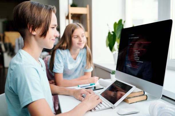istock Clever boy and his classmate looking at data on computer monitor 1169111350