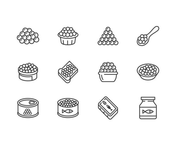 Red caviar flat line icons set. Canned fish eggs, tobiko roe, appetizer vector illustrations. Outline signs for seafood store. Pixel perfect 64x64. Editable Strokes Red caviar flat line icons set. Canned fish eggs, tobiko roe, appetizer vector illustrations. Outline signs for seafood store. Pixel perfect 64x64. Editable Strokes. caviar stock illustrations