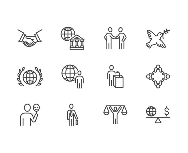 Diplomacy flat line icons set. Global politics, handshake, international business, presentation vector illustrations. Outline signs for diplomatic meeting. Pixel perfect 64x64. Editable Strokes Diplomacy flat line icons set. Global politics, handshake, international business, presentation vector illustrations. Outline signs for diplomatic meeting. Pixel perfect 64x64. Editable Strokes. diplomacy stock illustrations