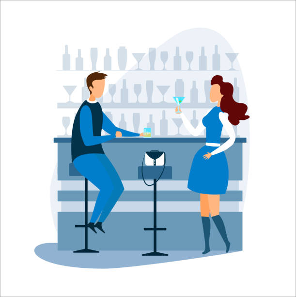 ilustrações, clipart, desenhos animados e ícones de homem e mulher que bebem e que falam no contador da barra - home interior cocktail bar women