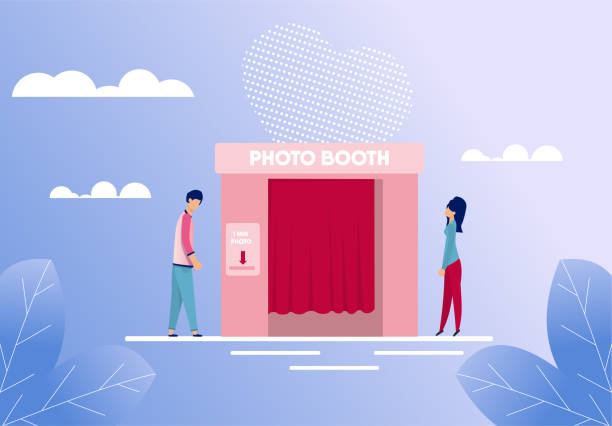 Man and Woman Standing near Photo Booth Cartoon Man and Woman Standing near Photo Booth Cartoon. People Characters Going Take Picture for Good Memories. First Dating at Flat Photobooth. Romantic Gradient Backdrop. Vector Illustration photo booth stock illustrations