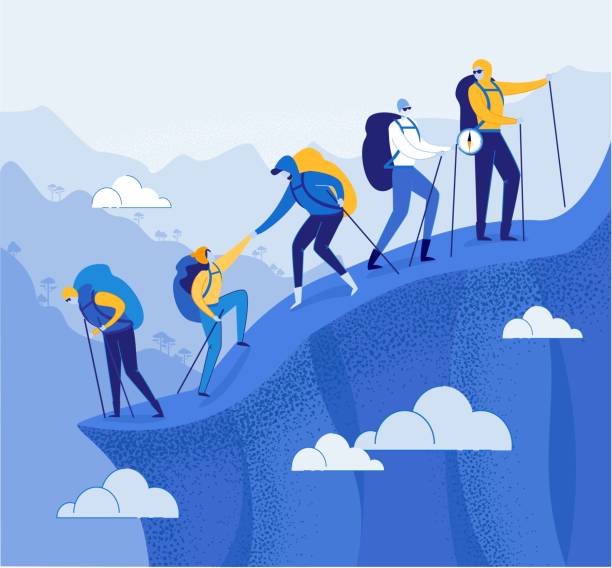Climbers Group Helping each other in Mountains. Climbers Group Helping each other Flat Cartoon Vector Illustration. Teamwork Concept. People with Racksacks or Backpacks Hiking in Mountains. Leader on Top with Compass. Traveling and Trekking. bundle illustrations stock illustrations