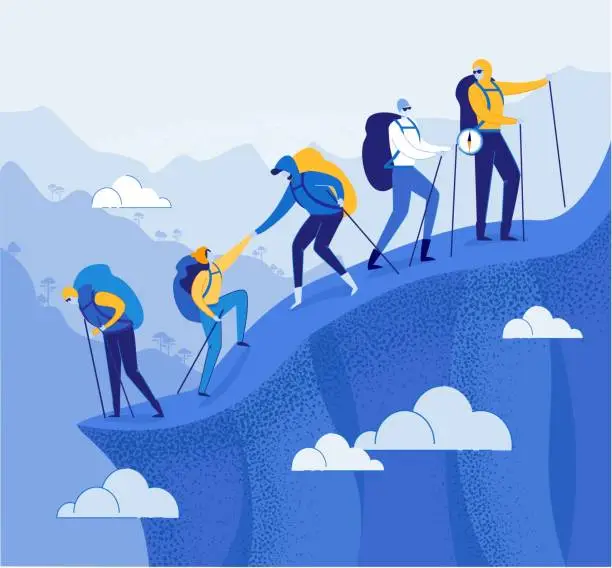 Vector illustration of Climbers Group Helping each other in Mountains.