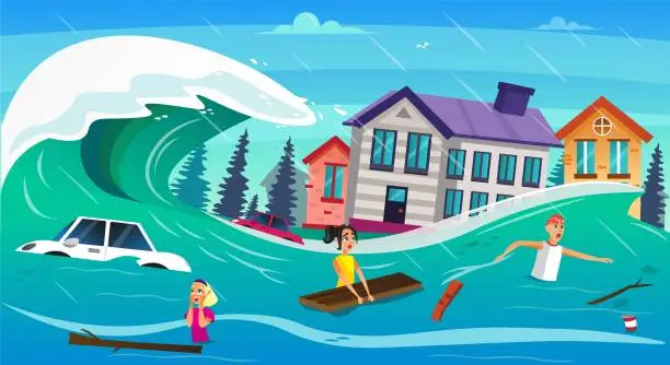 Vector illustration of Scary Cartoon People Water Overflow Tsunami Wave