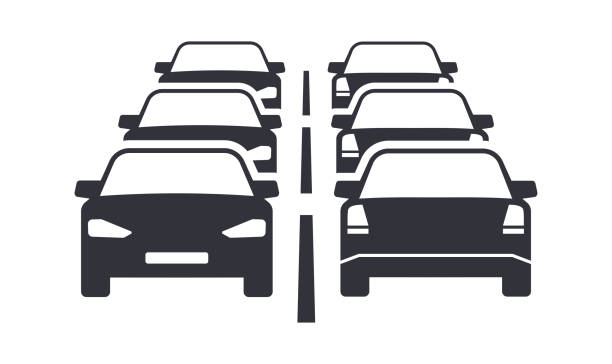 Traffic jam road flat icon Traffic jam on road flat design icon style car traffic jam traffic driving stock illustrations