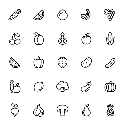Fruits and Vegetables - 25 Outline Style - Single black line icons - Pixel Perfect / Pack #49
Icons are designed in 48x48pх square, outline stroke 2px.

First row of outline icons contains:
Carrot, Orange Slice, Tomato, Bananas, Grape icon;

Second row contains:
Cherry, Apricot, Onion, Apple, Corn;  

Third row contains:
Watermelon, Bell Pepper, Strawberry, Potato, Cucumber;

Fourth row contains:
Carrot & Apple, Lemon, Broccoli, Eggplant, Pumpkin;

Fifth row contains:
Turnip, Garlic, Champignon, Pear, Pineapple.

Complete Grandico collection - https://www.istockphoto.com/collaboration/boards/FwH1Zhu0rEuOegMW0JMa_w