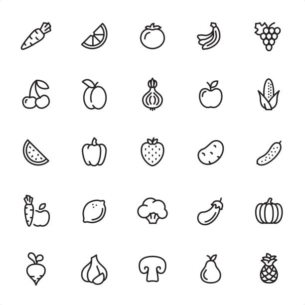 Fruits and Vegetables - Outline Icon Set Fruits and Vegetables - 25 Outline Style - Single black line icons - Pixel Perfect / Pack #49
Icons are designed in 48x48pх square, outline stroke 2px.

First row of outline icons contains:
Carrot, Orange Slice, Tomato, Bananas, Grape icon;

Second row contains:
Cherry, Apricot, Onion, Apple, Corn;  

Third row contains:
Watermelon, Bell Pepper, Strawberry, Potato, Cucumber;

Fourth row contains:
Carrot & Apple, Lemon, Broccoli, Eggplant, Pumpkin;

Fifth row contains:
Turnip, Garlic, Champignon, Pear, Pineapple.

Complete Grandico collection - https://www.istockphoto.com/collaboration/boards/FwH1Zhu0rEuOegMW0JMa_w fruit icons stock illustrations