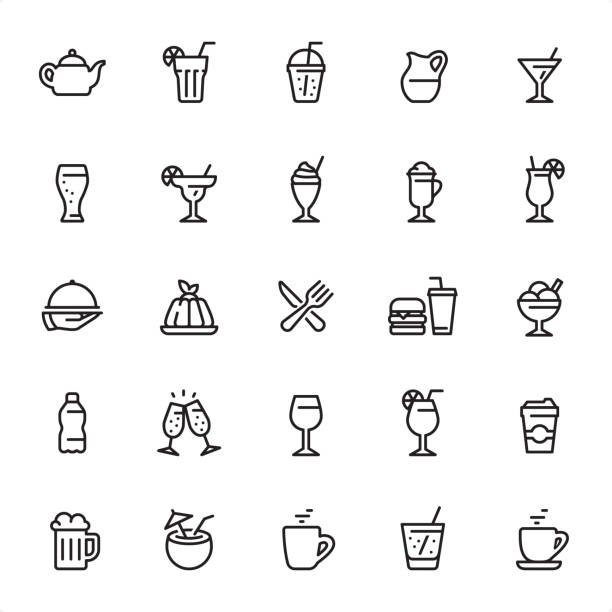 ilustraciones, imágenes clip art, dibujos animados e iconos de stock de bebidas y cócteles - conjunto de icono soutline - wineglass symbol coffee cup cocktail