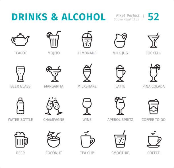 ilustraciones, imágenes clip art, dibujos animados e iconos de stock de bebidas y alcohol - pixel iconos de línea perfectos con subtítulos - wineglass symbol coffee cup cocktail