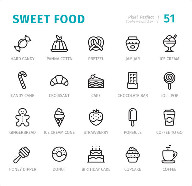 bildbanksillustrationer, clip art samt tecknat material och ikoner med sweet food-pixel perfekt linje ikoner med textning - pretzel