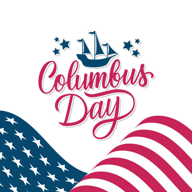 Happy Columbus Day celebrate card with waving american national flag and hand lettering greetings. United States national holiday. Happy Columbus Day celebrate card with waving american national flag and hand lettering greetings. United States national holiday vector illustration. columbus day stock illustrations