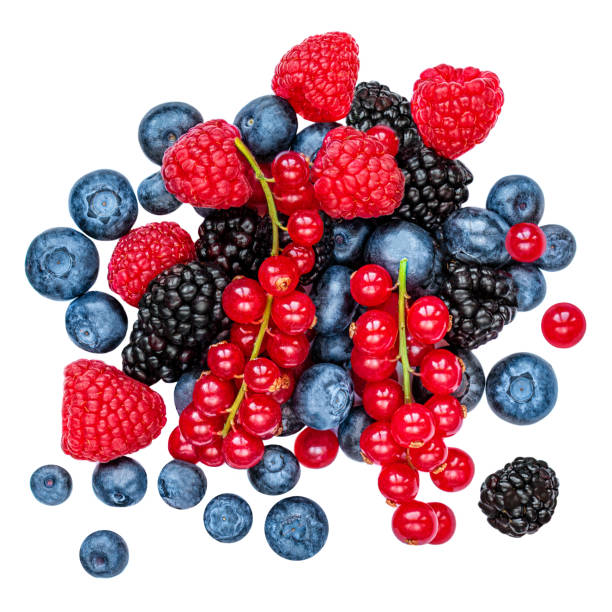 mix berries with leaf isolated on a white background. fresh raspberry, blueberry, currant berry, blackberry and mint leaves"n - blackberry currant strawberry antioxidant imagens e fotografias de stock