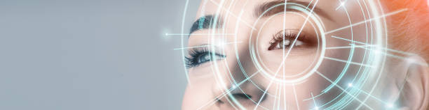istock Woman with electronic information analysing inside eye 1169128515