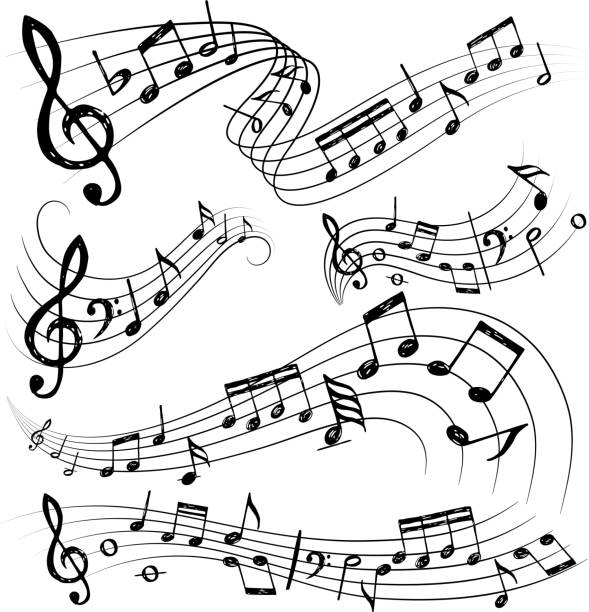 illustrazioni stock, clip art, cartoni animati e icone di tendenza di note d'orchestra. segno o simboli sonori musicista chitarra conservatorio note collezione vettoriale - simbolo musicale