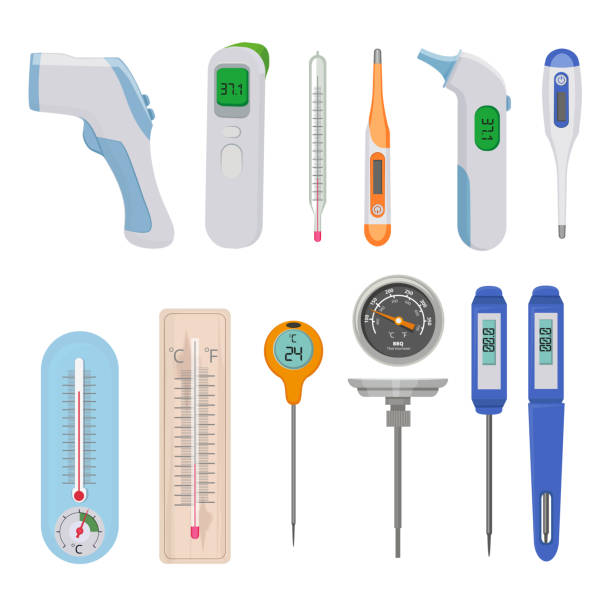 ilustraciones, imágenes clip art, dibujos animados e iconos de stock de termómetros. diferencia de medida de temperatura caliente y fría contadores indicadores imágenes vectoriales altas y bajas - thermometer healthcare and medicine backgrounds isolated