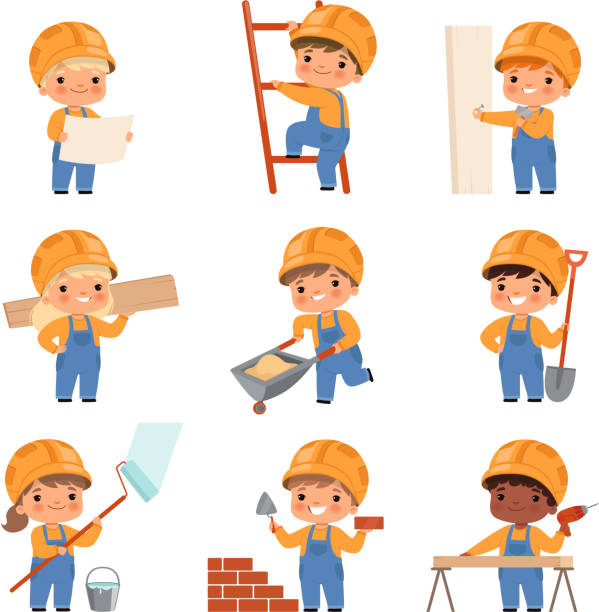 ilustrações de stock, clip art, desenhos animados e ícones de little builders. childrens with construction tools making job working builders in yellow helmet vector characters - little boys cartoon child drawing