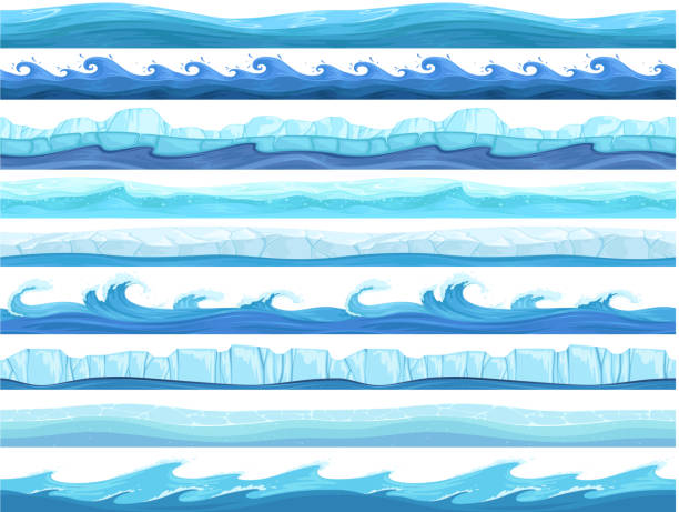 ilustraciones, imágenes clip art, dibujos animados e iconos de stock de juego de agua sin costuras. hielo océano mar o capas de río paralaje listo vector de superficie ui colección para juegos - wave sea storm water