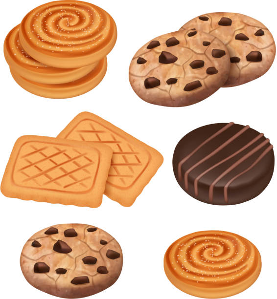 pliki cookie. herbatniki z czekoladą i kremem kawałki przekąski wektor gotowane słodycze wektor realistyczny szablon - chocolate chip cookie bakery chocolate homemade stock illustrations