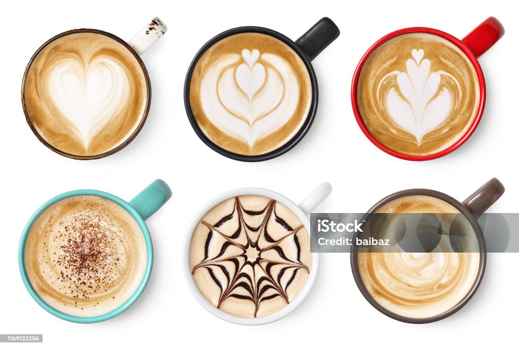 Satz von Kaffee Latte oder Cappuccino Schaum Kunst - Lizenzfrei Ansicht von oben Stock-Foto