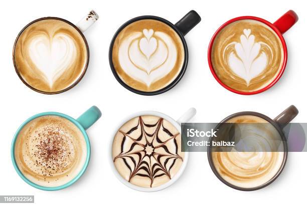 Satz Von Kaffee Latte Oder Cappuccino Schaum Kunst Stockfoto und mehr Bilder von Ansicht von oben - Ansicht von oben, Kaffeetasse, Milchkaffee