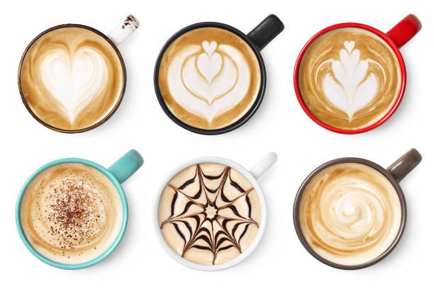 Set of coffee latte or cappuccino foam art Set of six various coffee latte or cappuccino foam art isolated on white background. Top view. Colorful cups above stock pictures, royalty-free photos & images